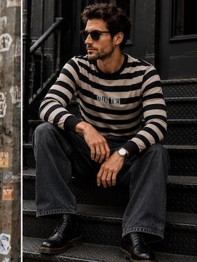 Pac Sun Striped Long-Sleeve Crewneck STRANGE TIMES Shirt Black Cream MENS M